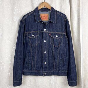 Levi's men's denim trucker jacket dark blue wash red tag cotton buttoned classic